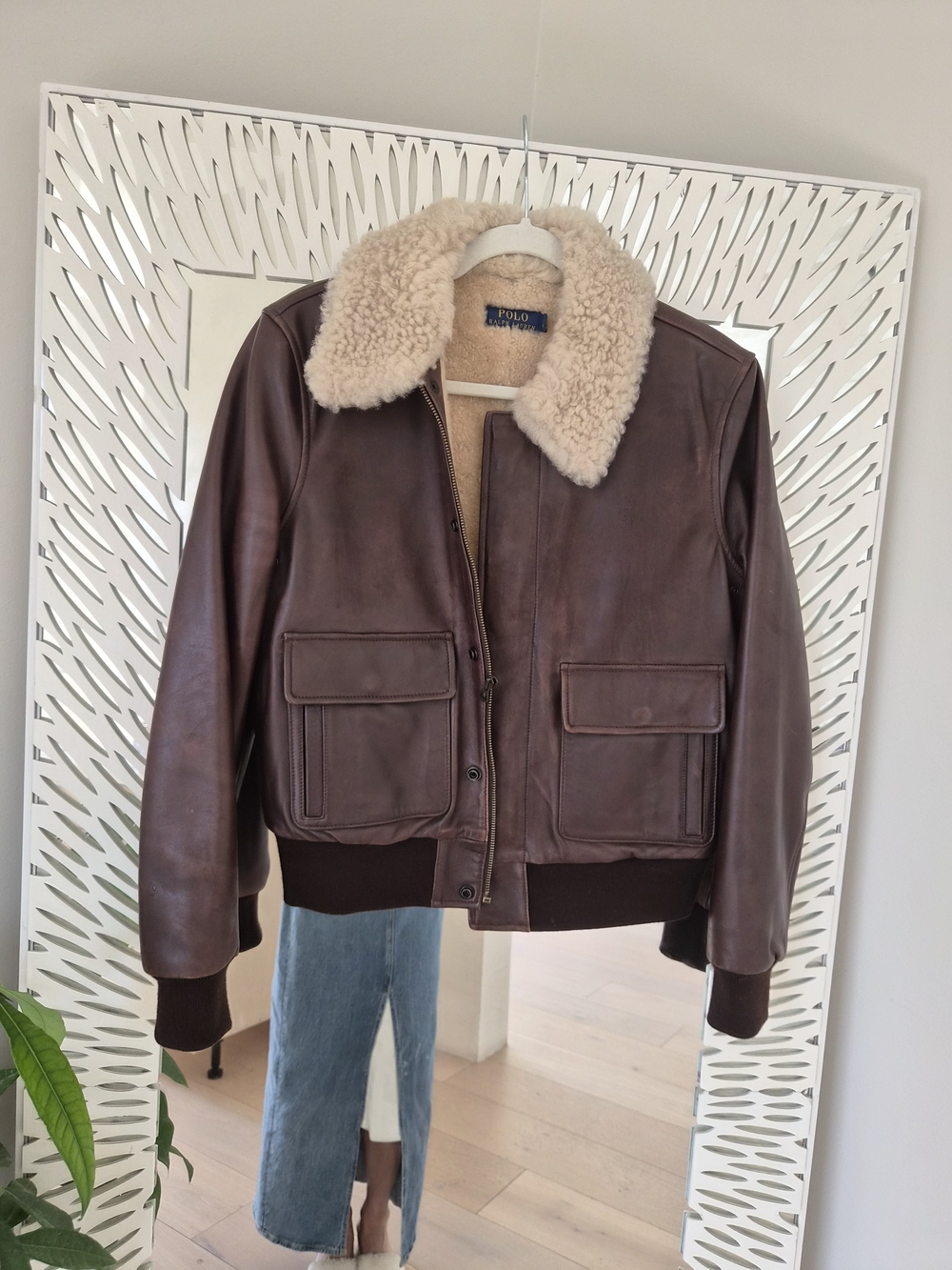 Ralph Lauren Brown Leather Bomber Jacket with Cream Shearling Collar